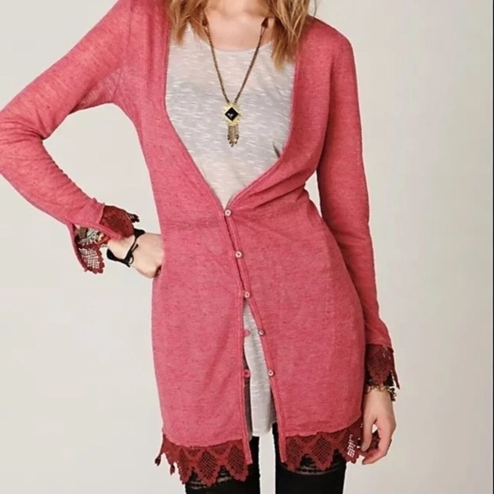 Free People Womens Longline Cardigan Mauve Pink Lace‎ Trim Button Front Size S
